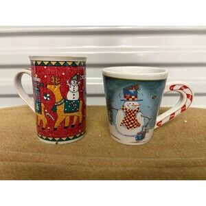 Set of Christmas Coffee Mugs Reindeer and Snowman Candy Cane Handle